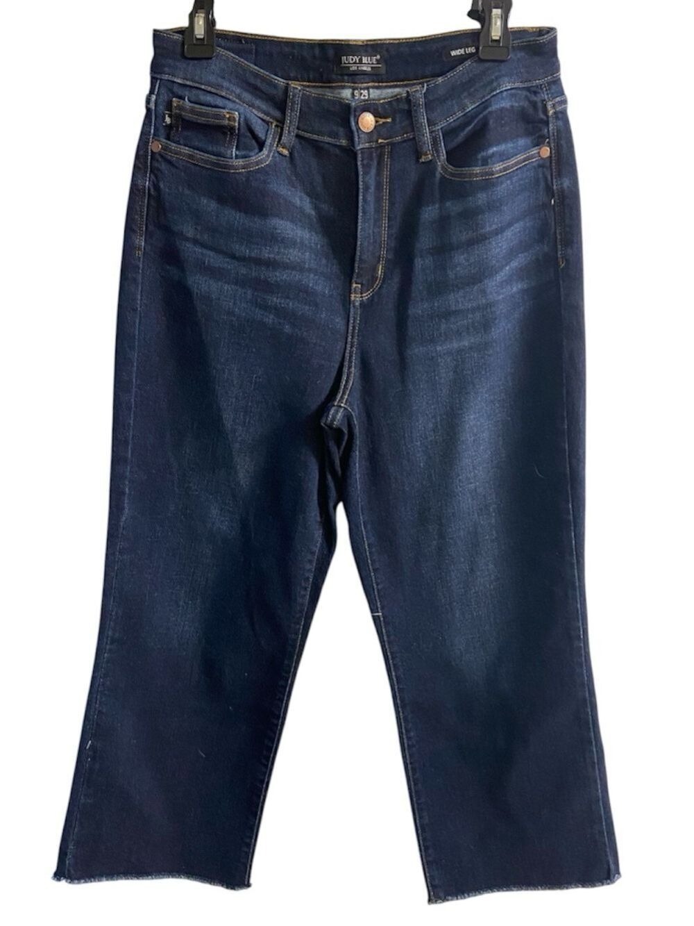 Judy Blue Wide Leg Cropped Jeans Size 9 29 Dark Wash High Rise Raw Hem Stretch
